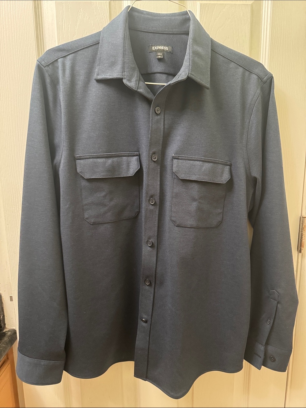 Express Men's Dark Blue Long-Sleeve Button Shirt with Chest Pockets